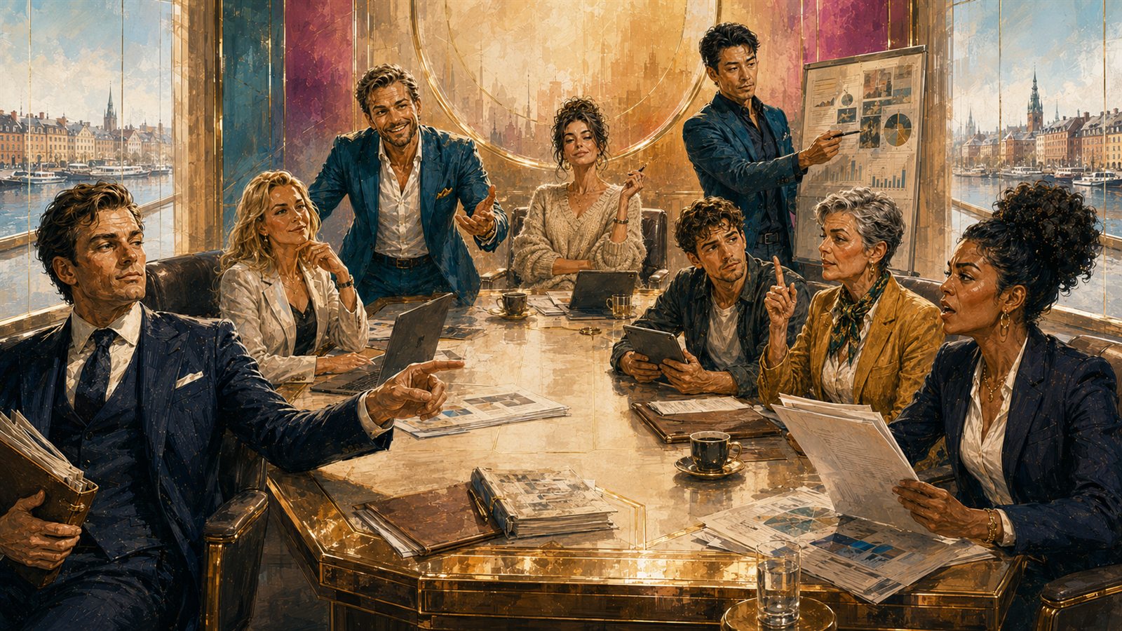 The eight directors of Ruthless Returns around the boardroom table